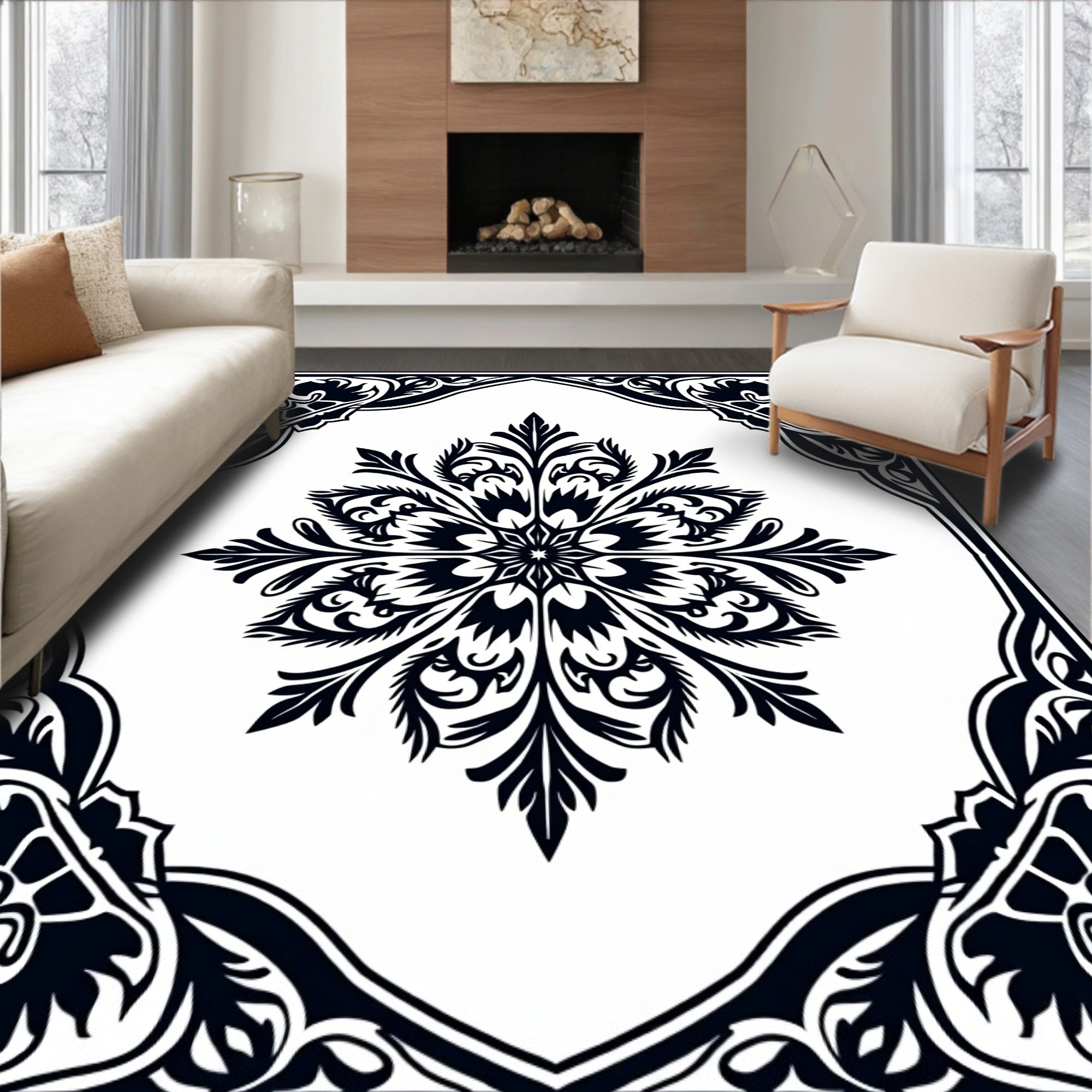 Classic Black Floral Medallion Border Rug