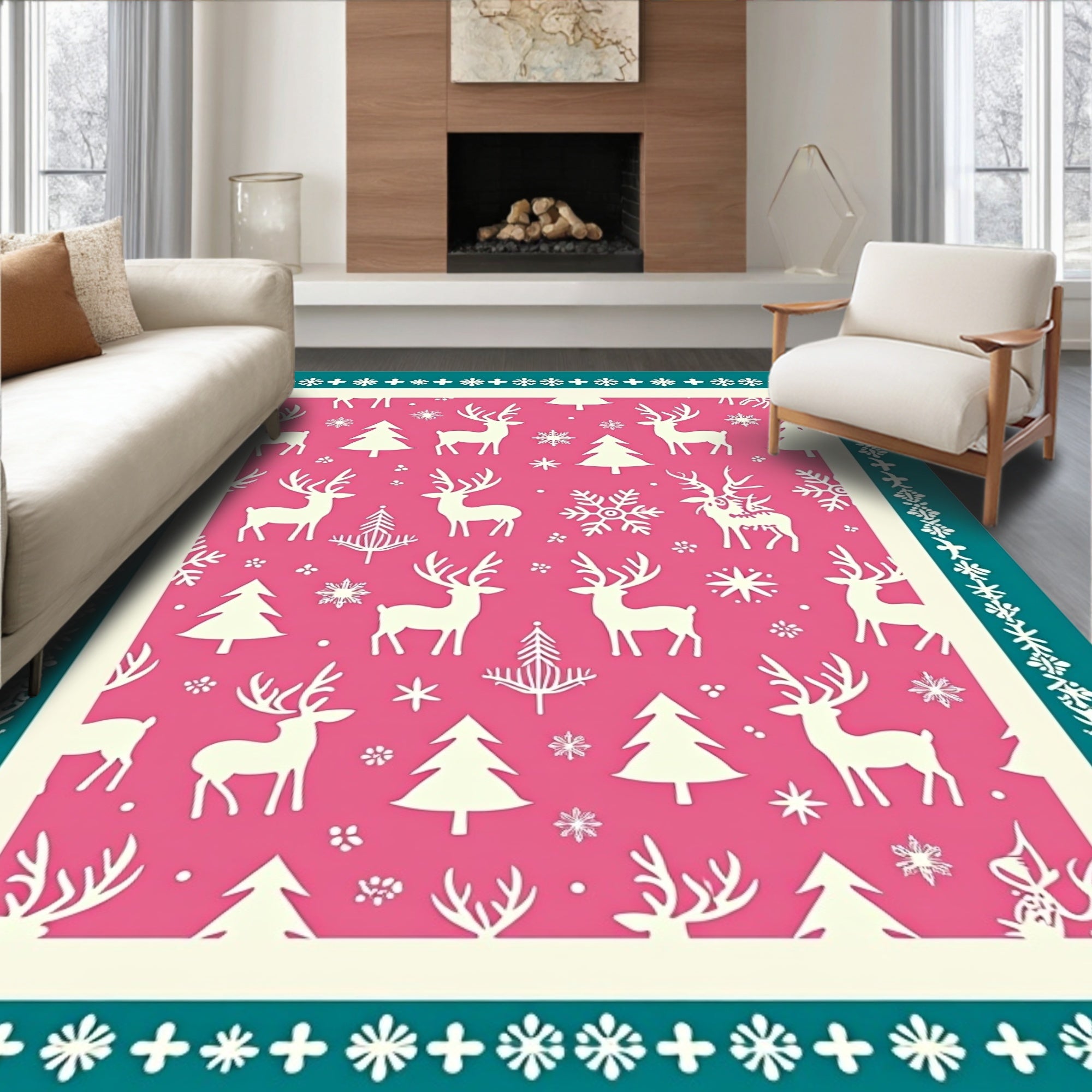 Pink White Reindeer Snowflake Forest Rug