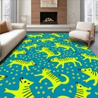 Vibrant Yellow Striped Canines Blue Field Rug