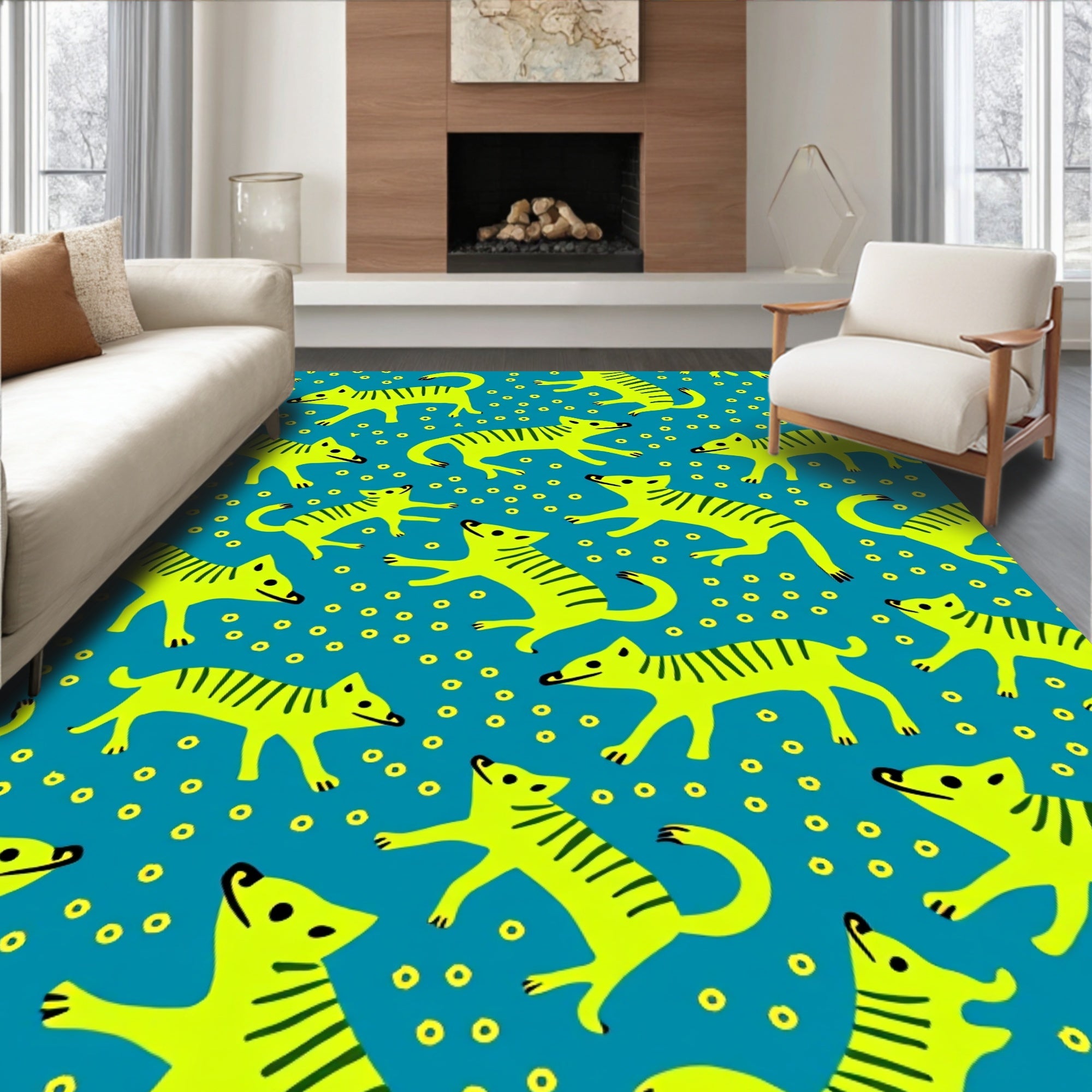 Vibrant Yellow Striped Canines Blue Field Rug