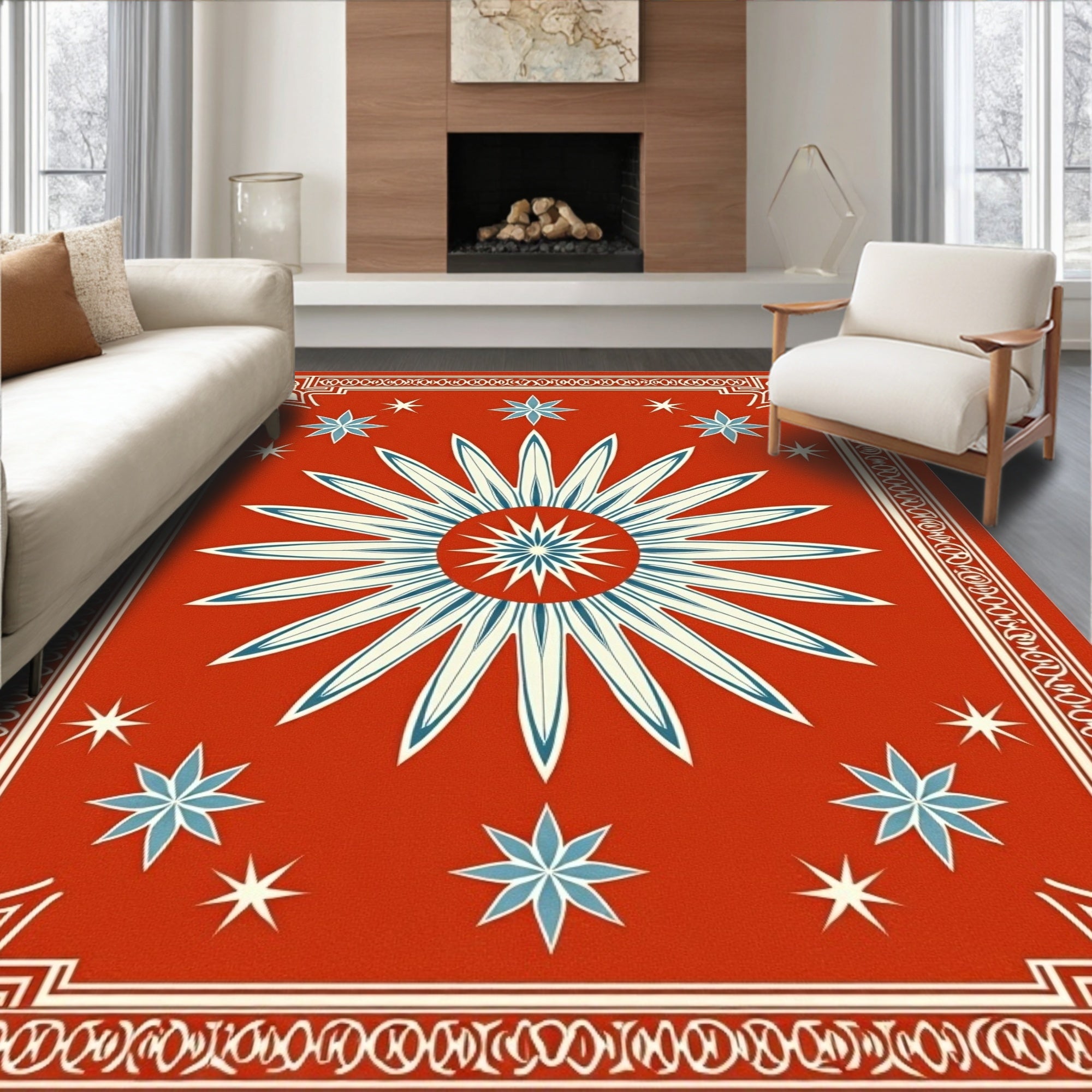 Mid century sunburst star coral Rug
