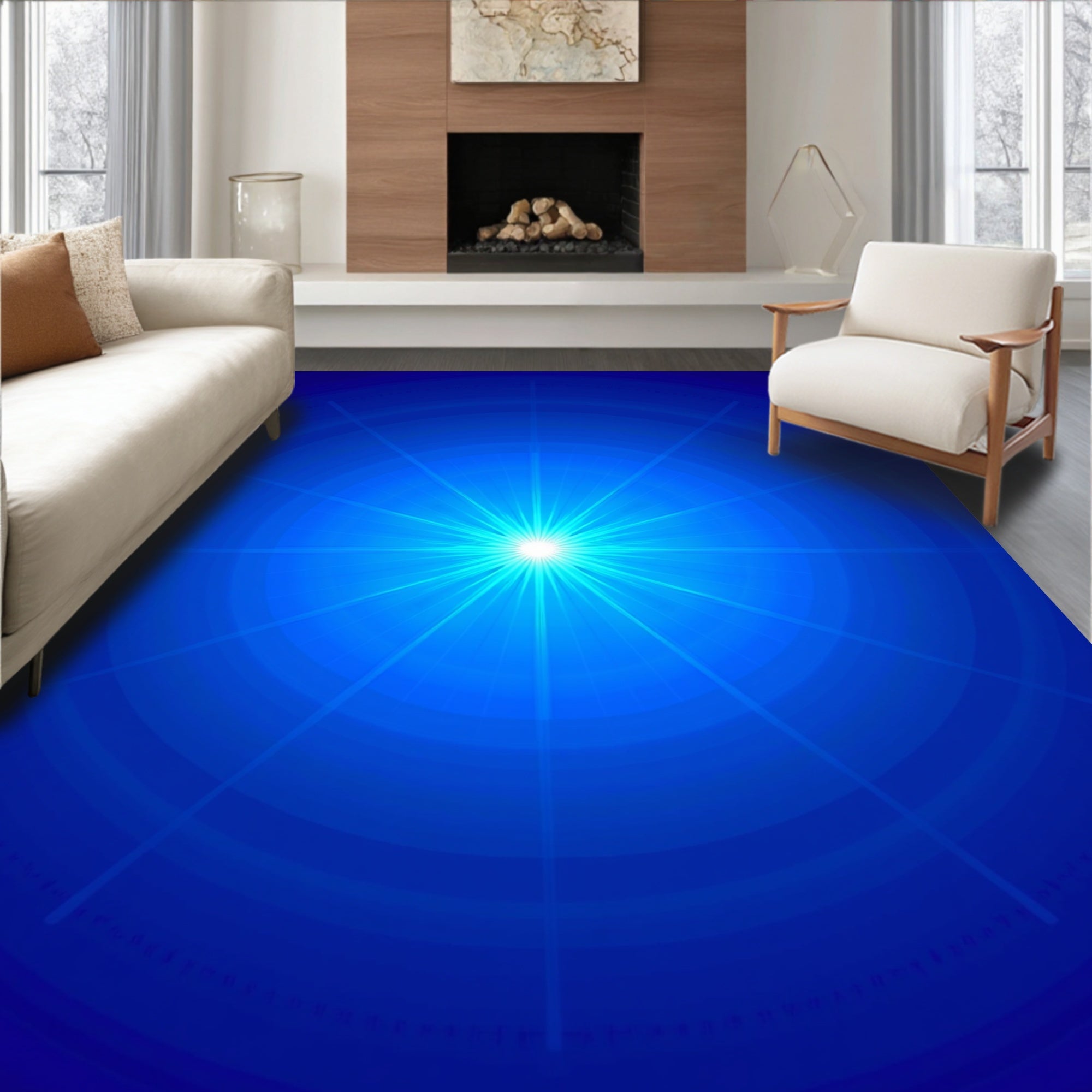 Radiant Blue Starburst Concentric Rings Rug
