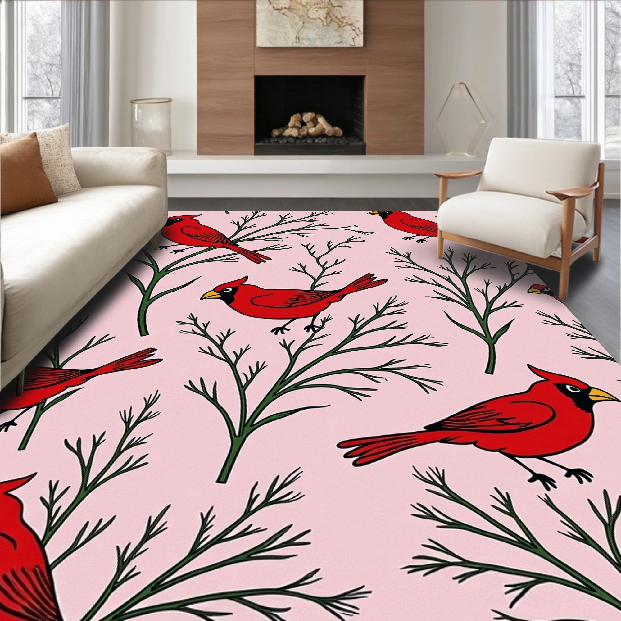 Red Cardinal Birds on Pink Branches Rug