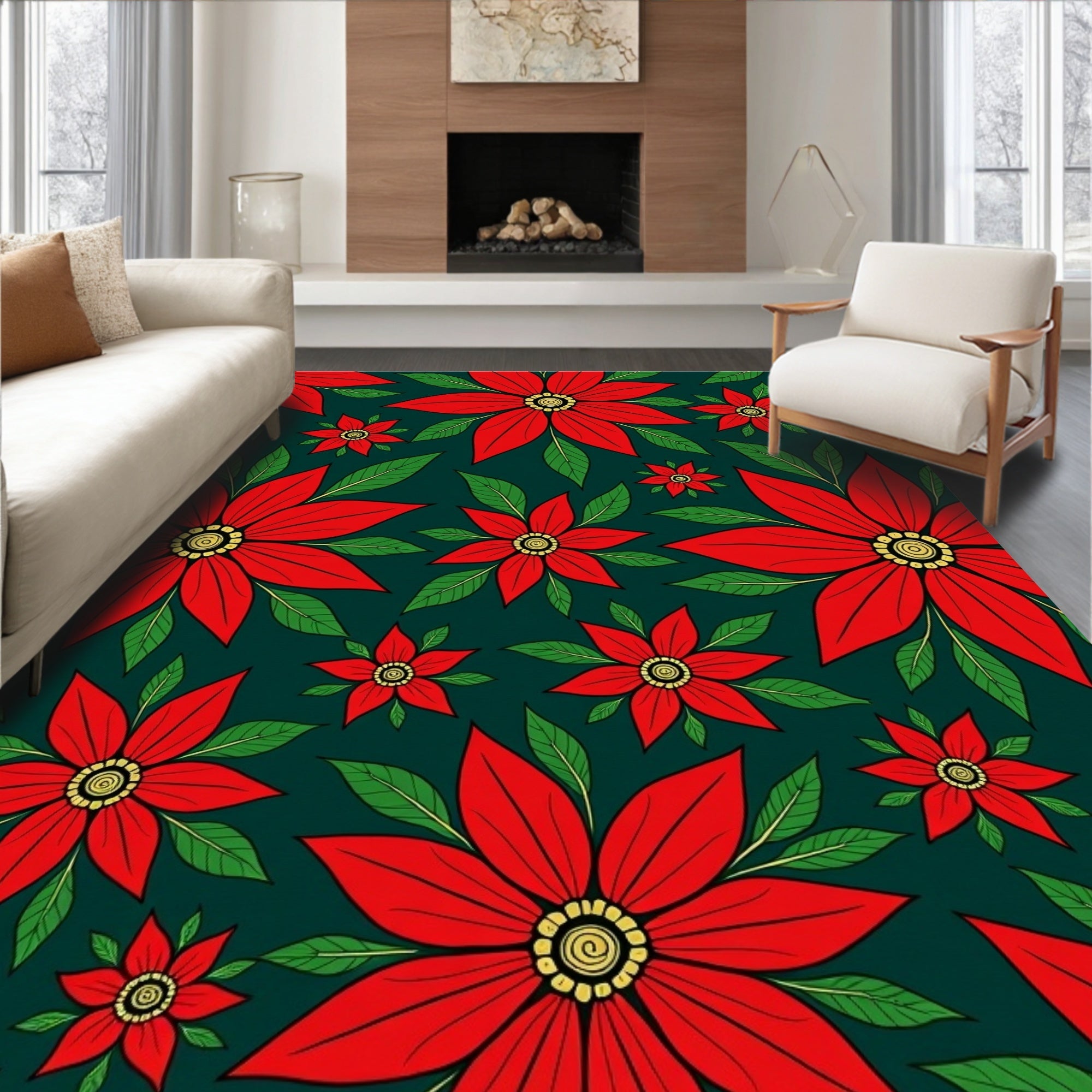 Crimson Red Flower Garden Rug