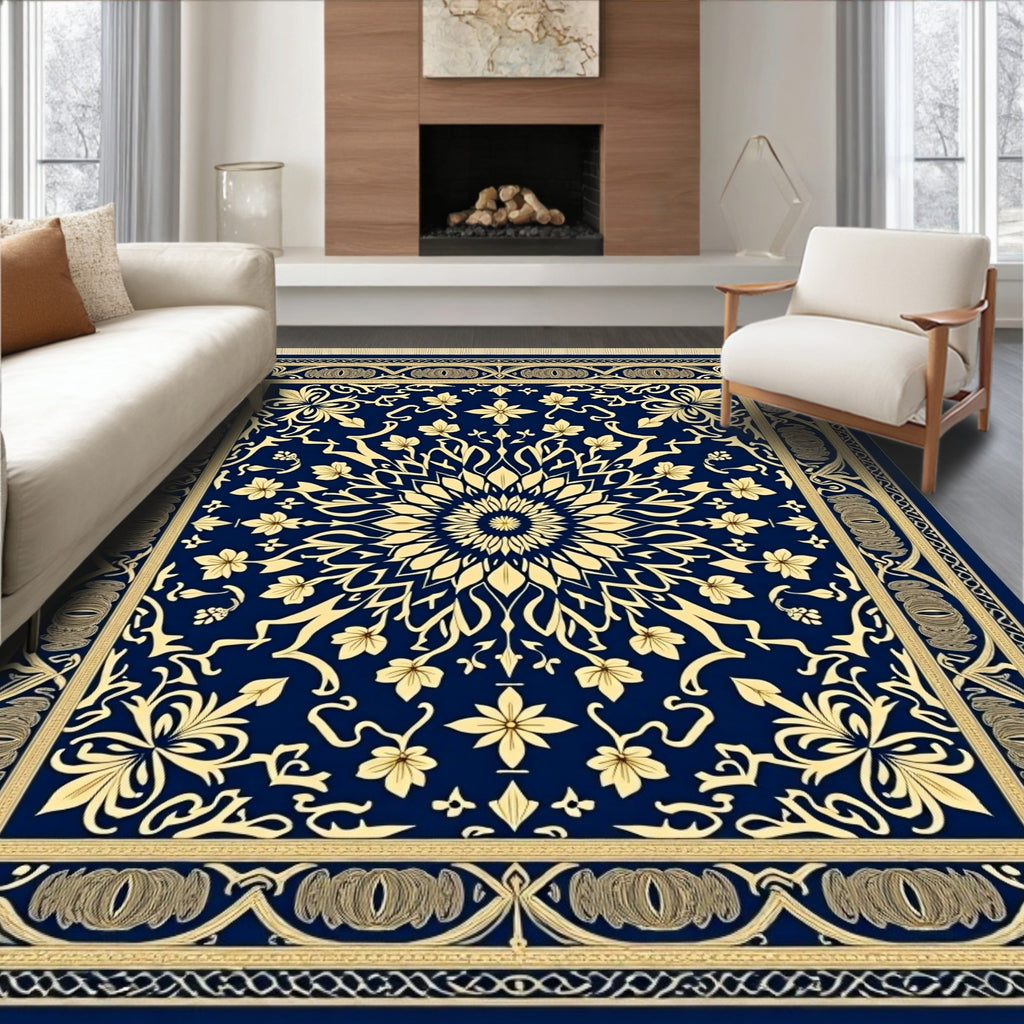Navy Gold Floral Mandala Tassel Rug
