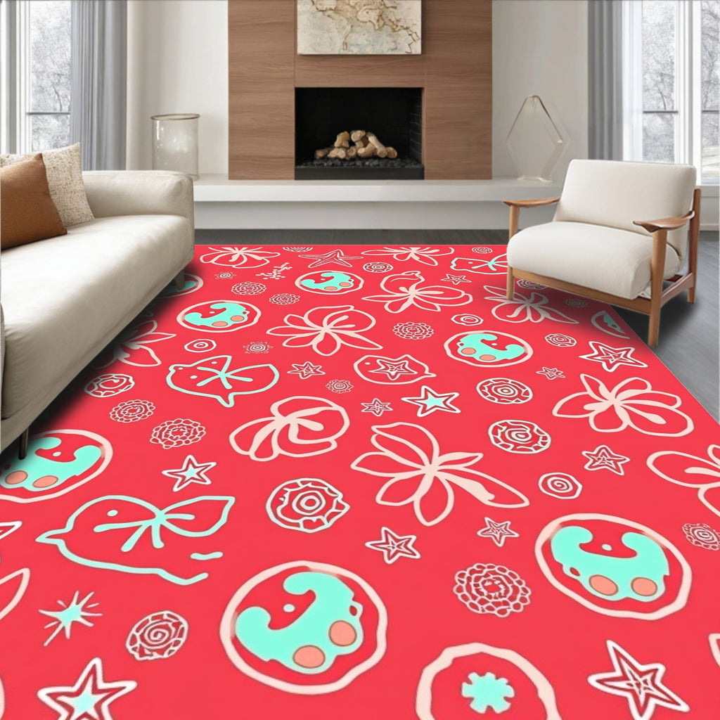 Coral Blue Teal Tropical Floral Whimsical Rug