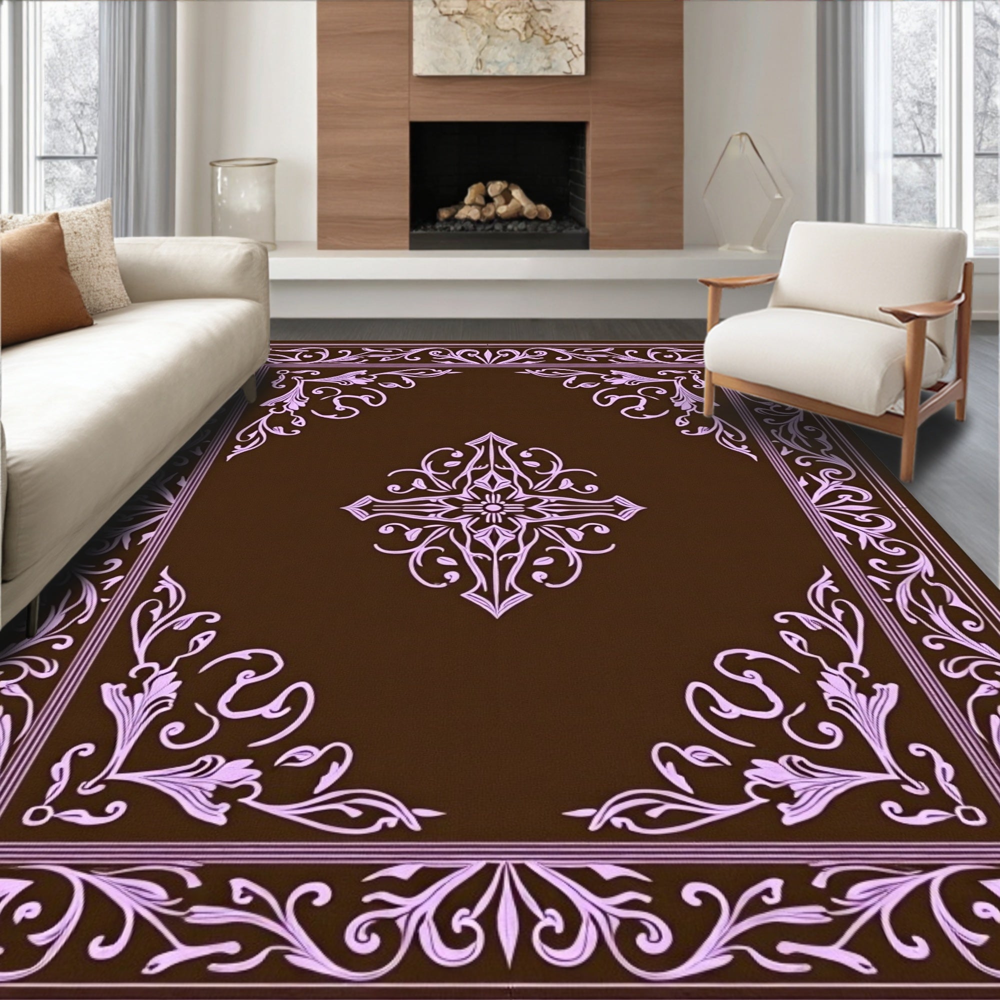 Brown and Pink Ornate Floral Corners Rug
