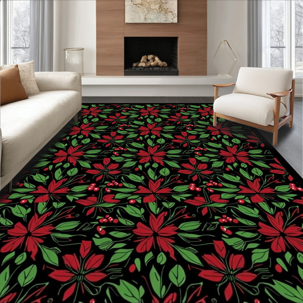 Crimson Red Floral Green Foliage Rug