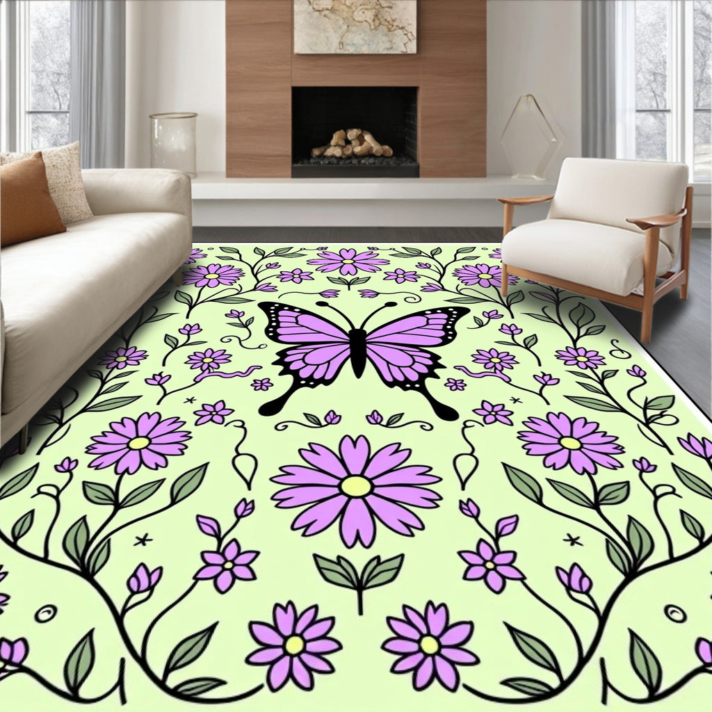 Whimsical Purple Butterfly Floral Garden Design Rug