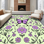 Whimsical Purple Butterfly Floral Garden Design Rug