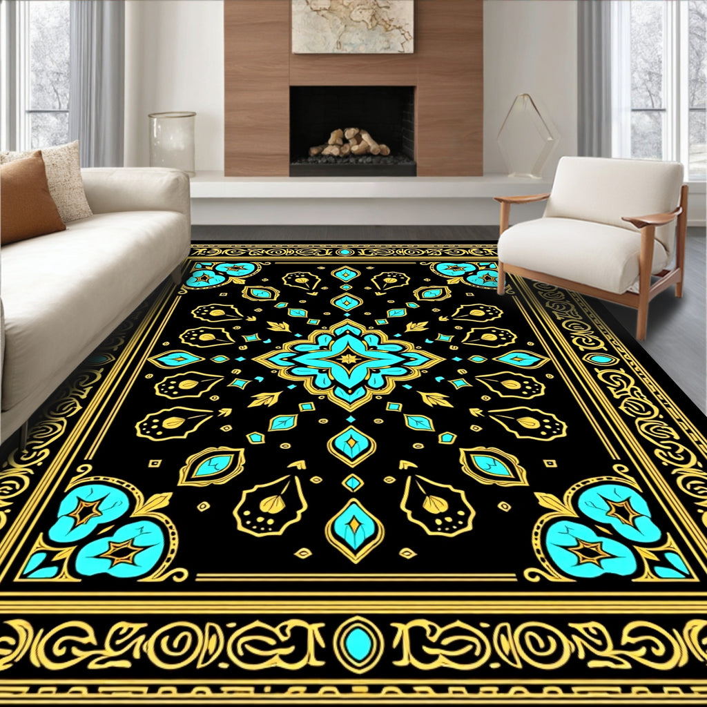 Black Turquoise Gold Floral Border Rug