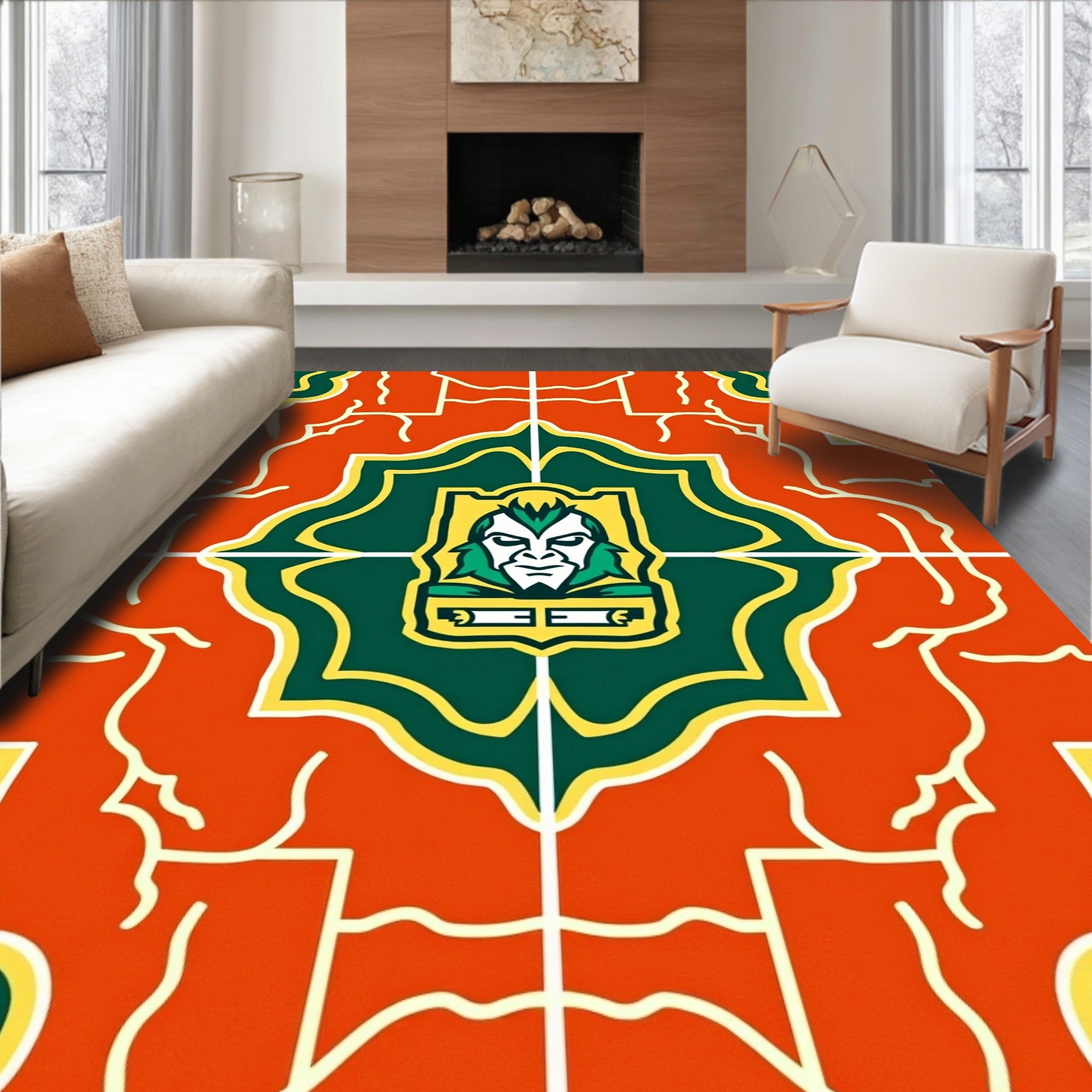 Bold Orange Green Heraldic Shield Rug