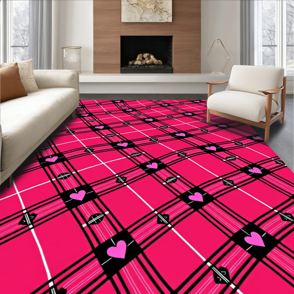 Pink Heart Plaid Tartan Check Rug