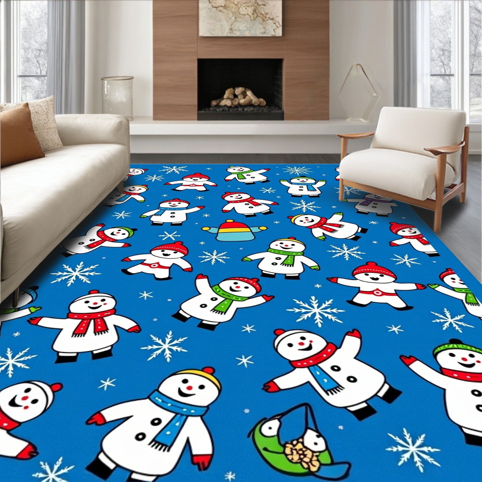 Charming Snowmen Blue Winter Snowflakes Rug