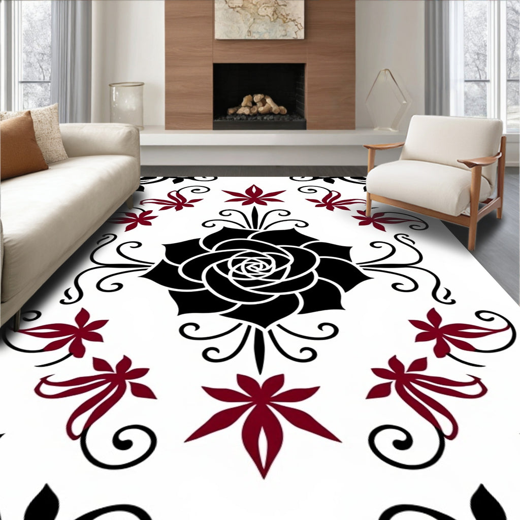 Crimson and Black Floral Medallion Rug