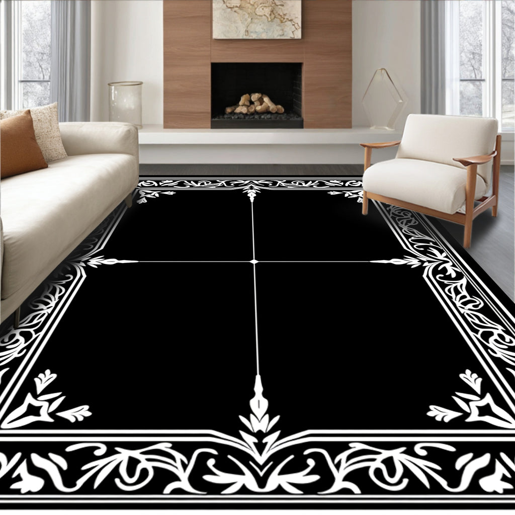 Classic White Floral Scrollwork Border Rug