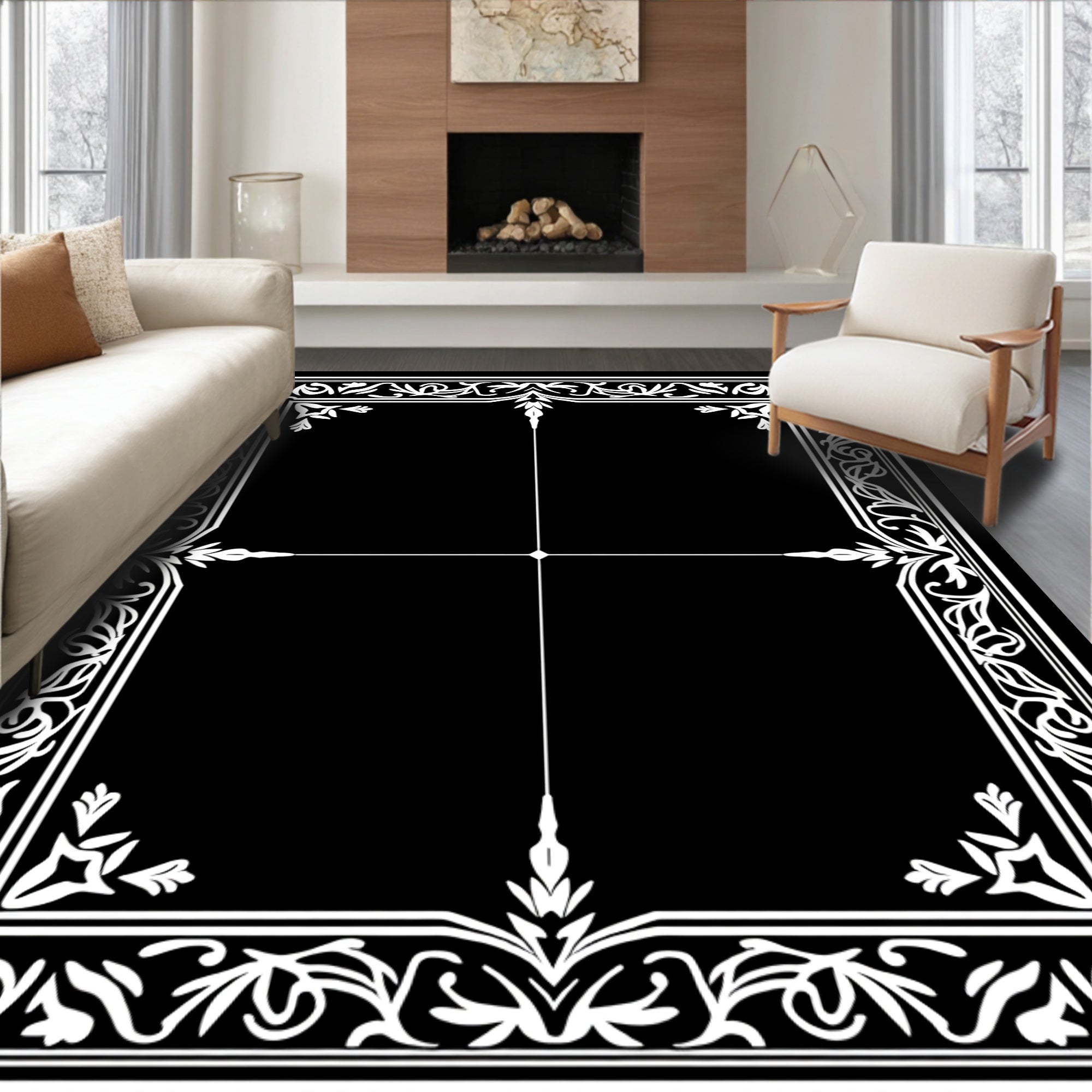 Classic White Floral Scrollwork Border Rug