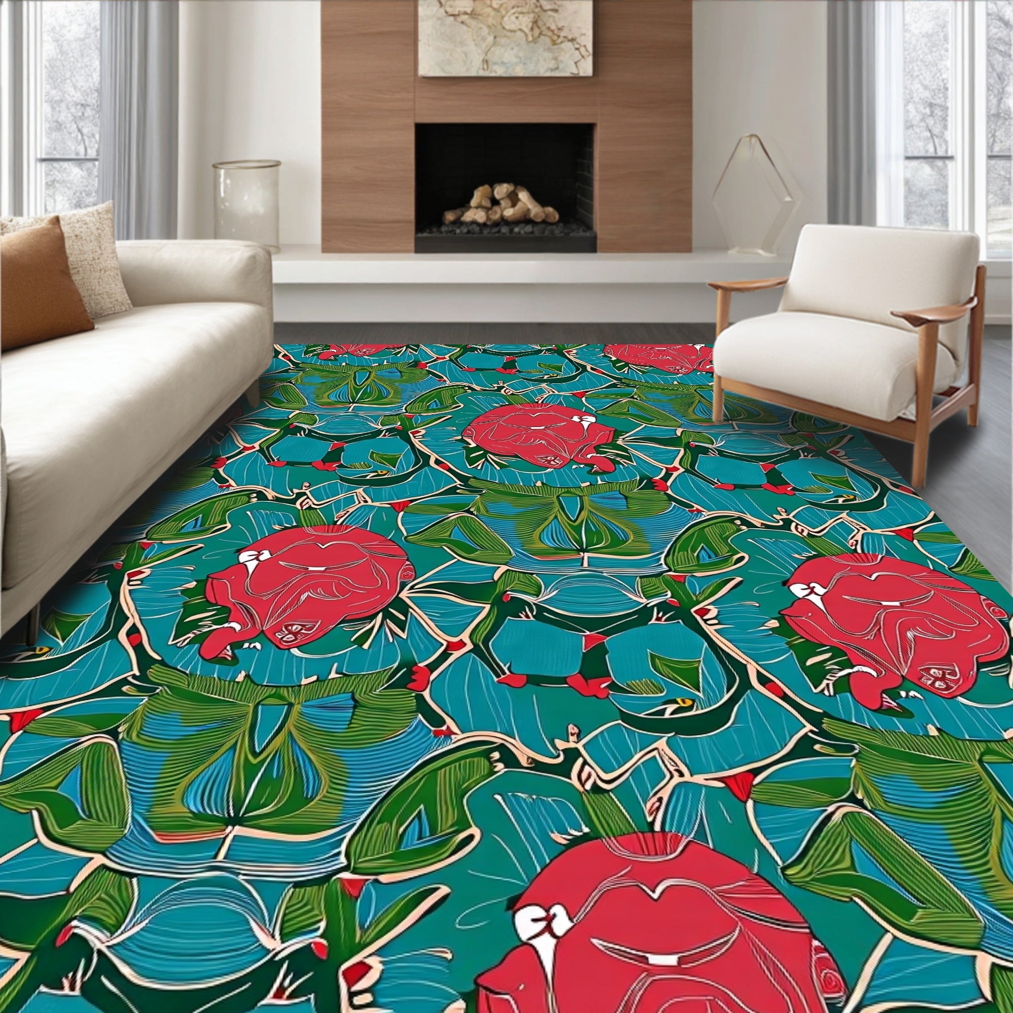 Art Deco Red Abstract Floral Vines Rug