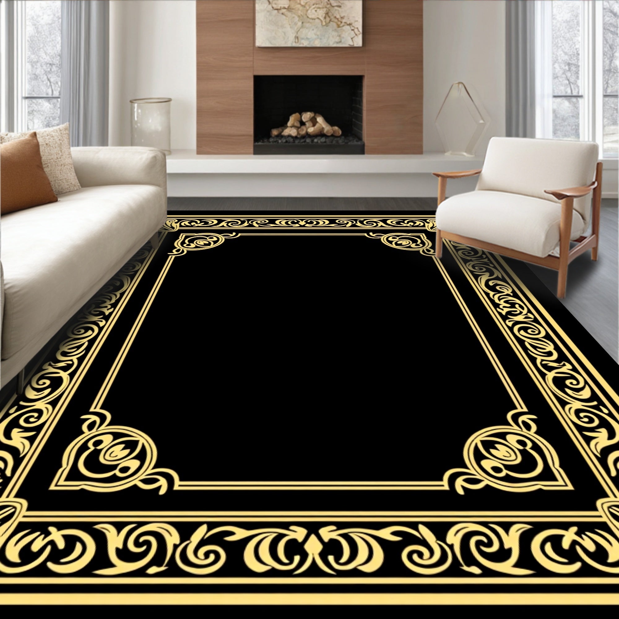 Ornate Gold Scrollwork Border Rug