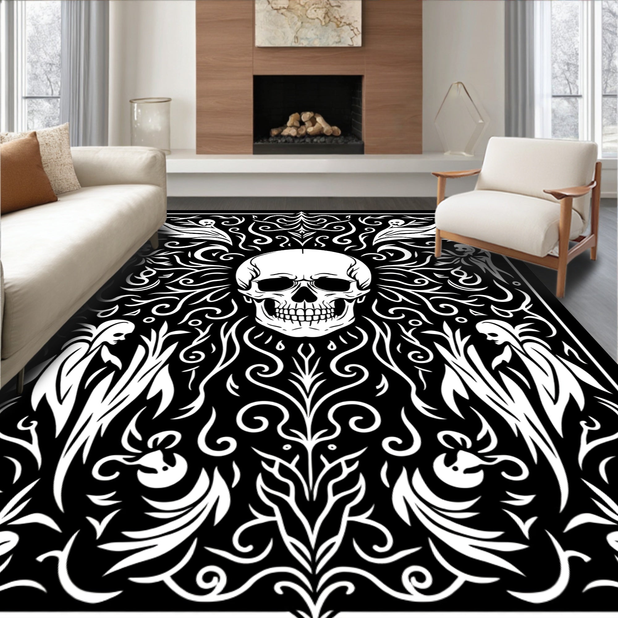 Gothic Skull Figures Swirling Black White Rug