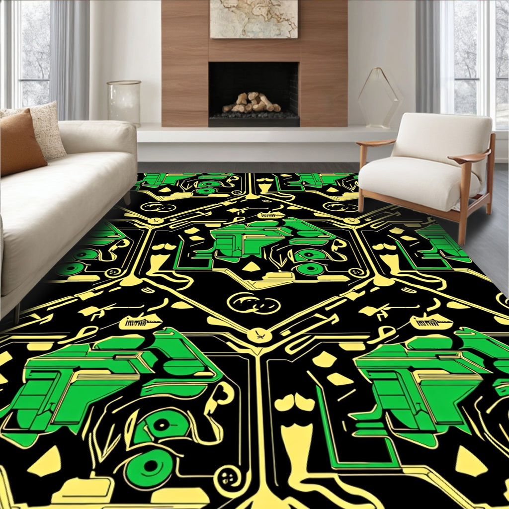 Green Yellow Geometric Circuit Board Rug