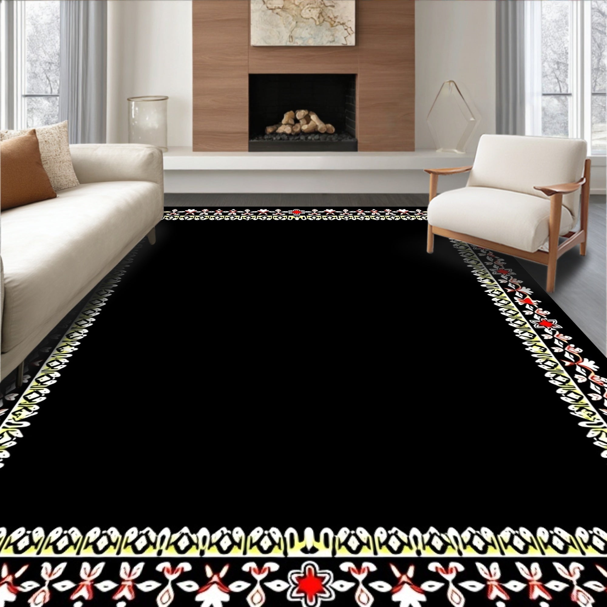 Vibrant Floral Border Red White Accents Rug