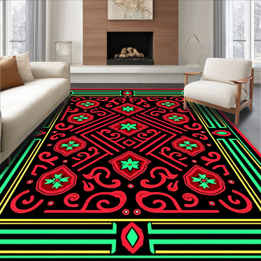 Bold Red Green Black Geometric Medallions Rug