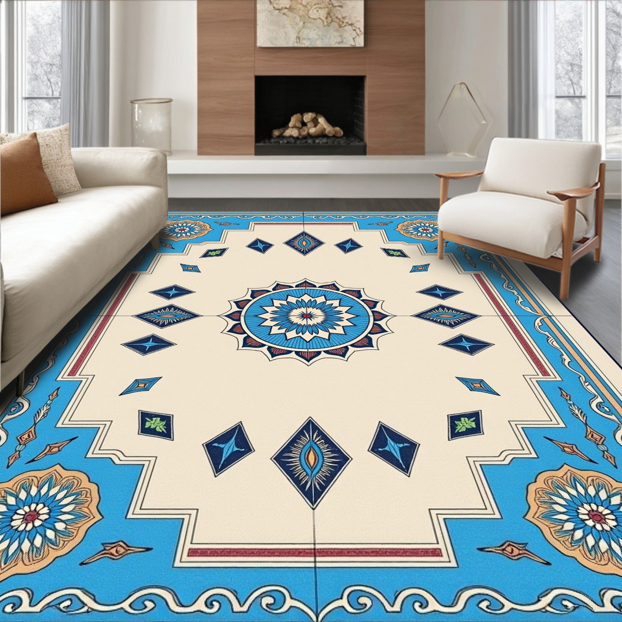 Turquoise Blue Medallion Diamond Arrangement Rug
