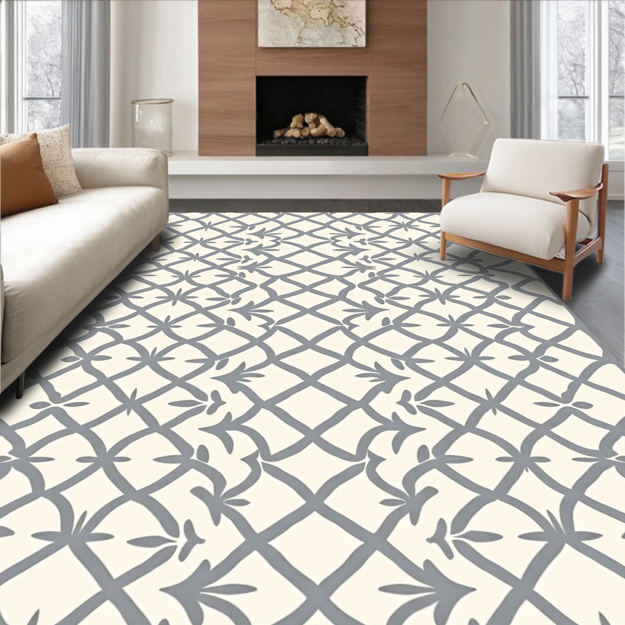 Gray Lattice Floral Harmony Rug