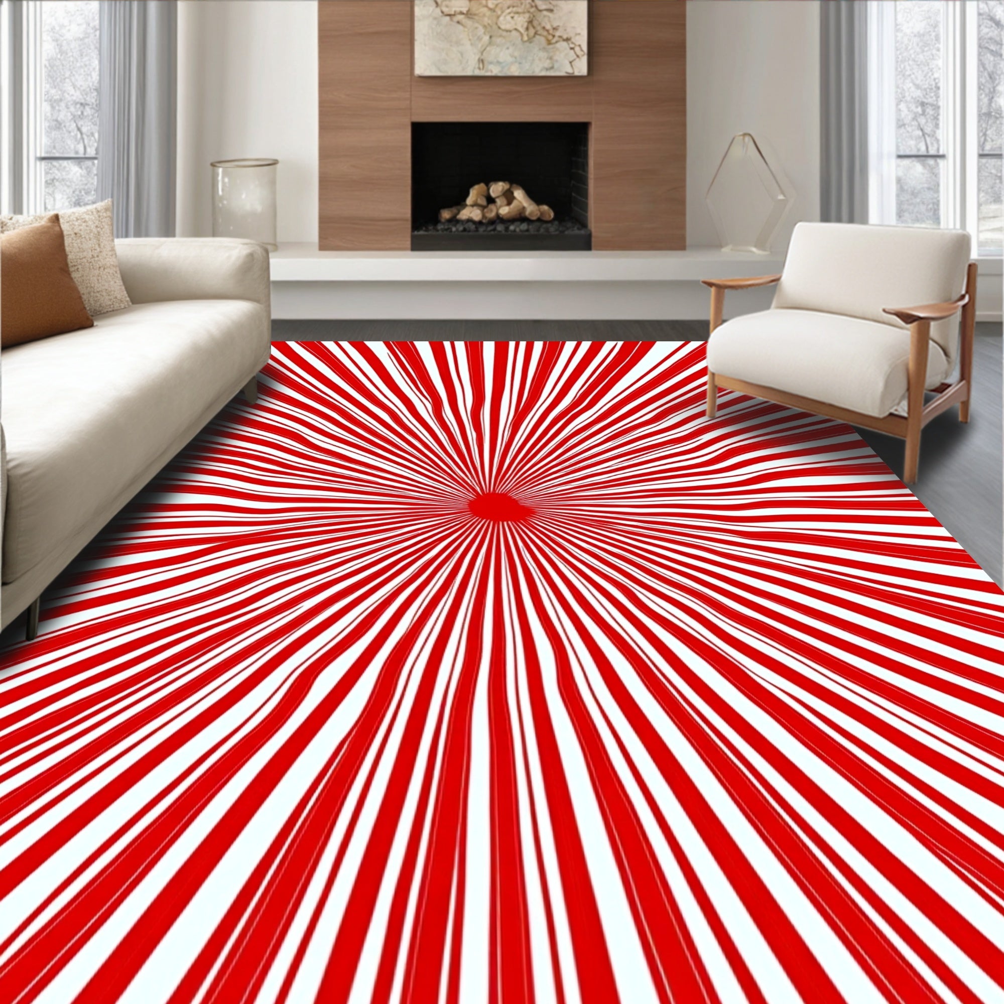 Crimson Sunburst Radial Rays Rug