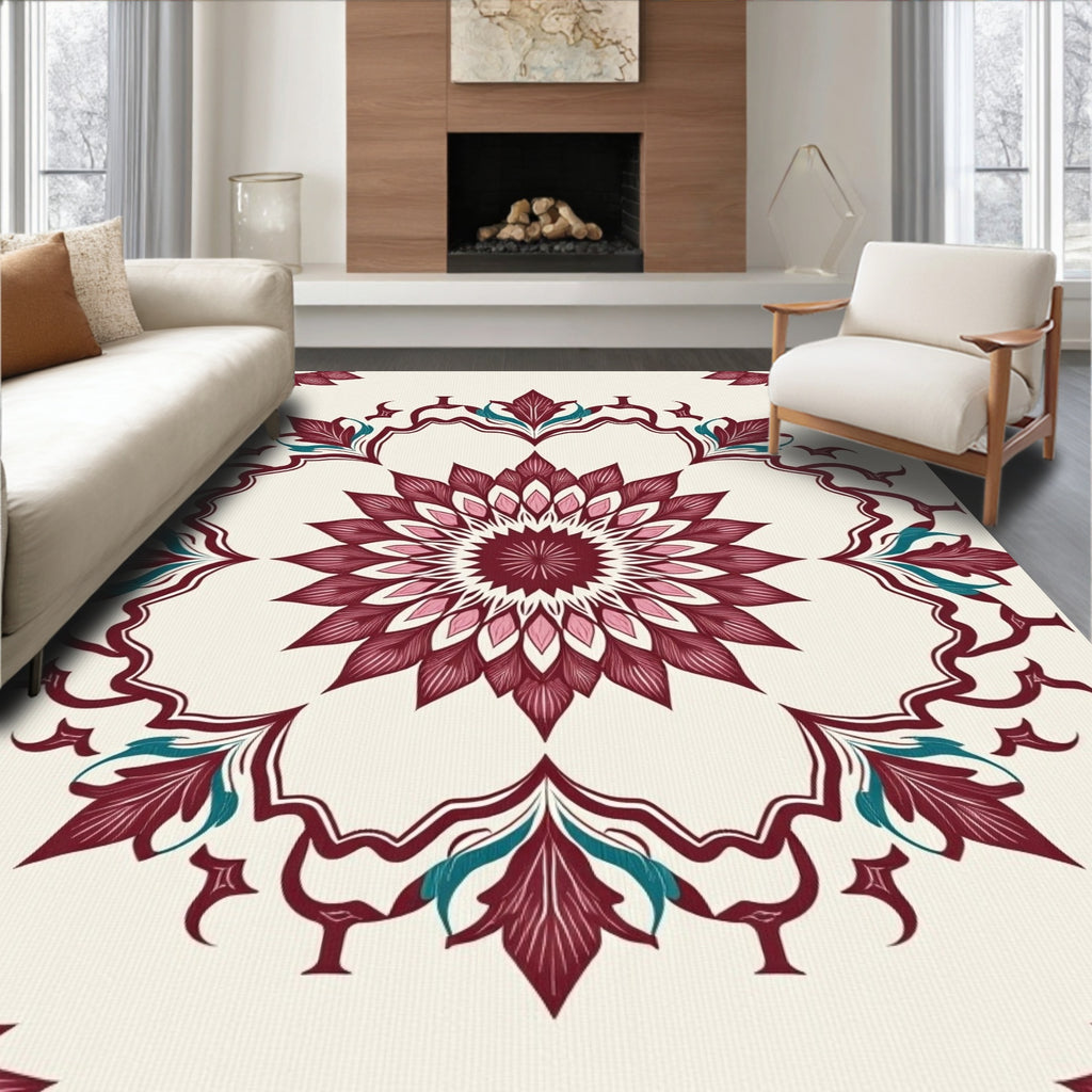 Deep Burgundy Floral Medallion Lattice Rug