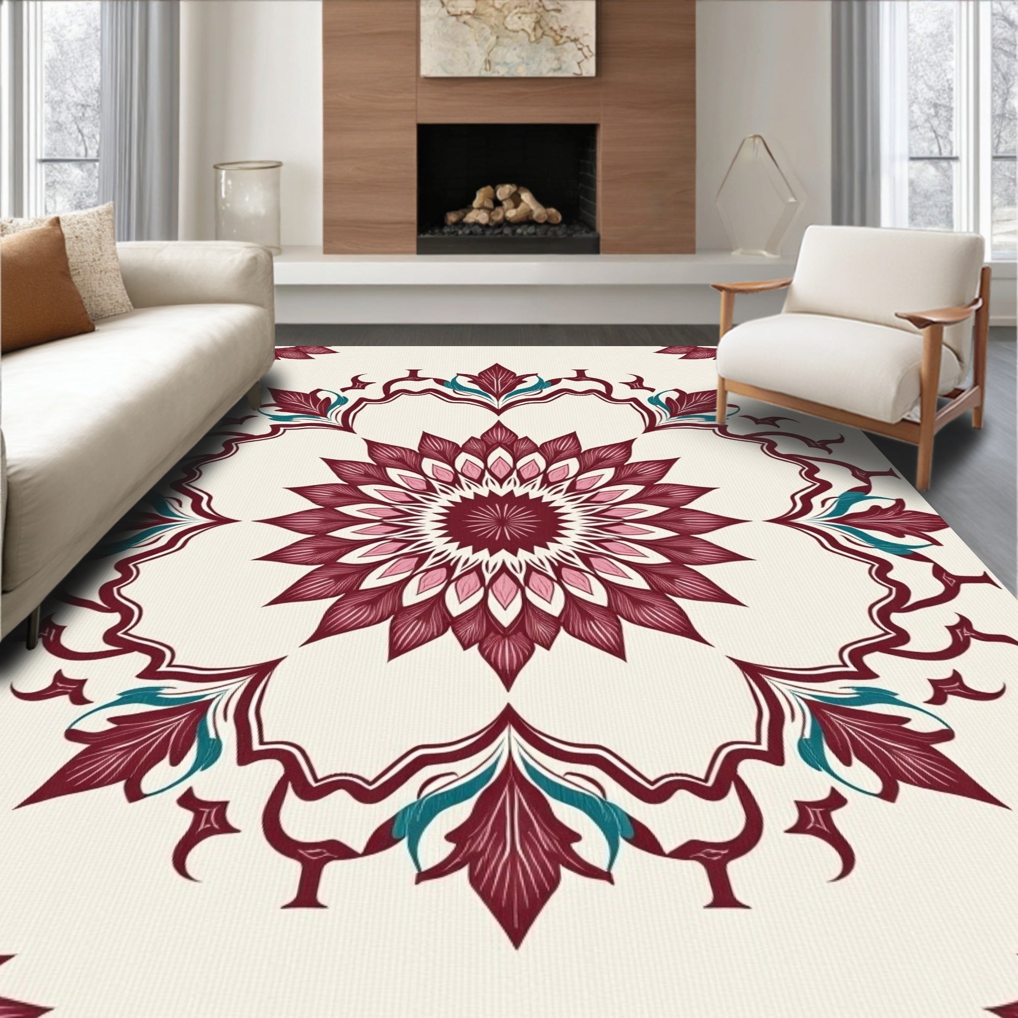 Deep Burgundy Floral Medallion Lattice Rug