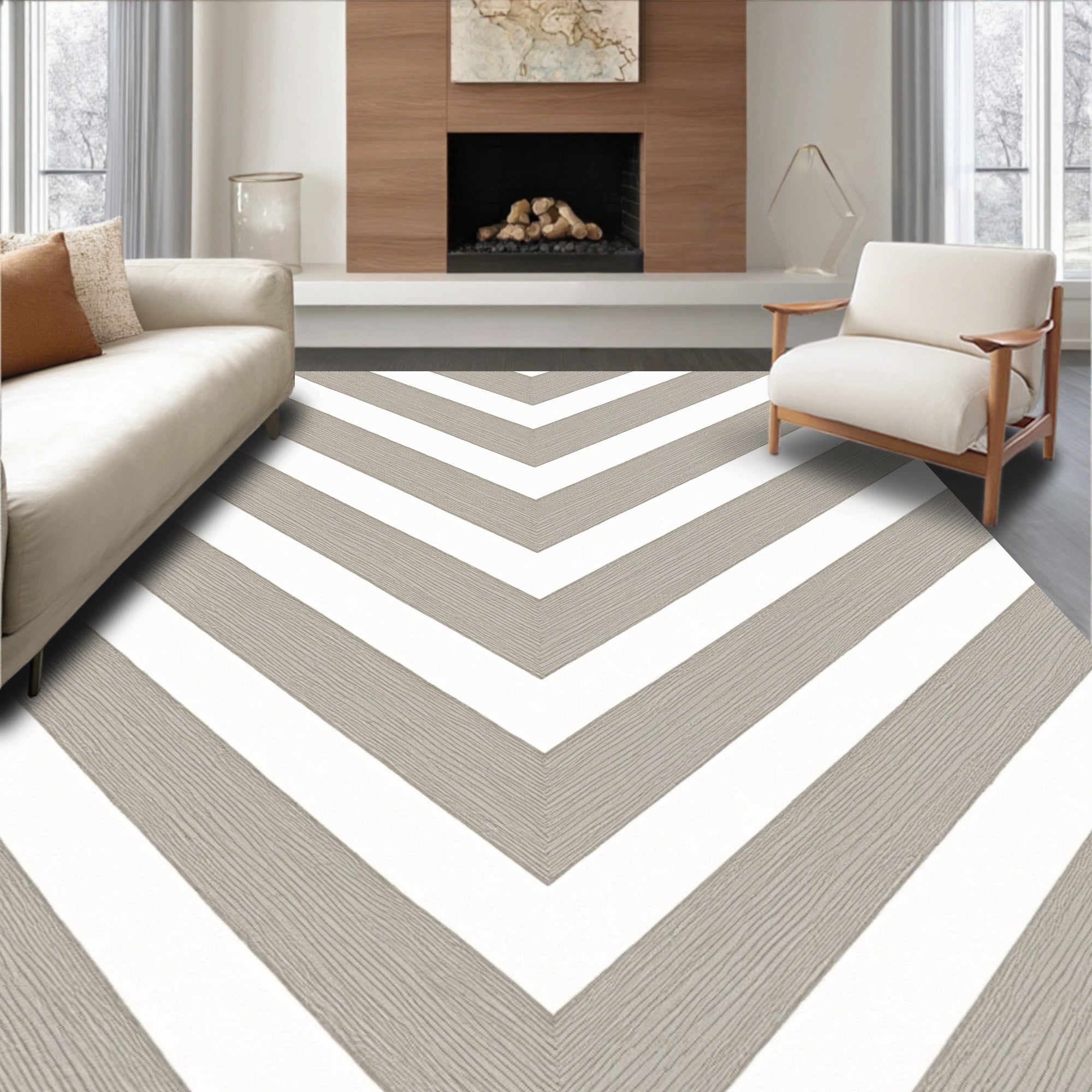Subtle Taupe White Chevron Rug