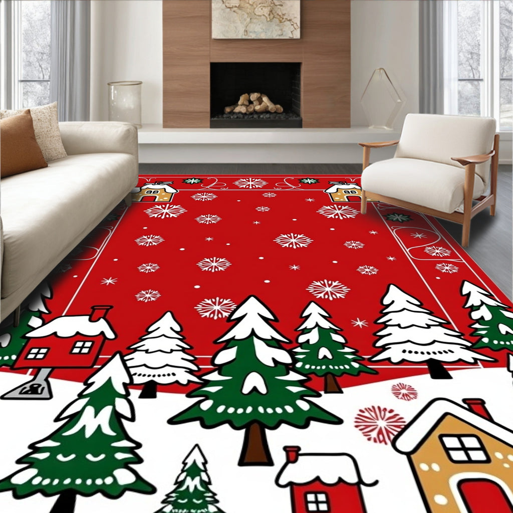 Whimsical Christmas Village Snowflake Scene Rug