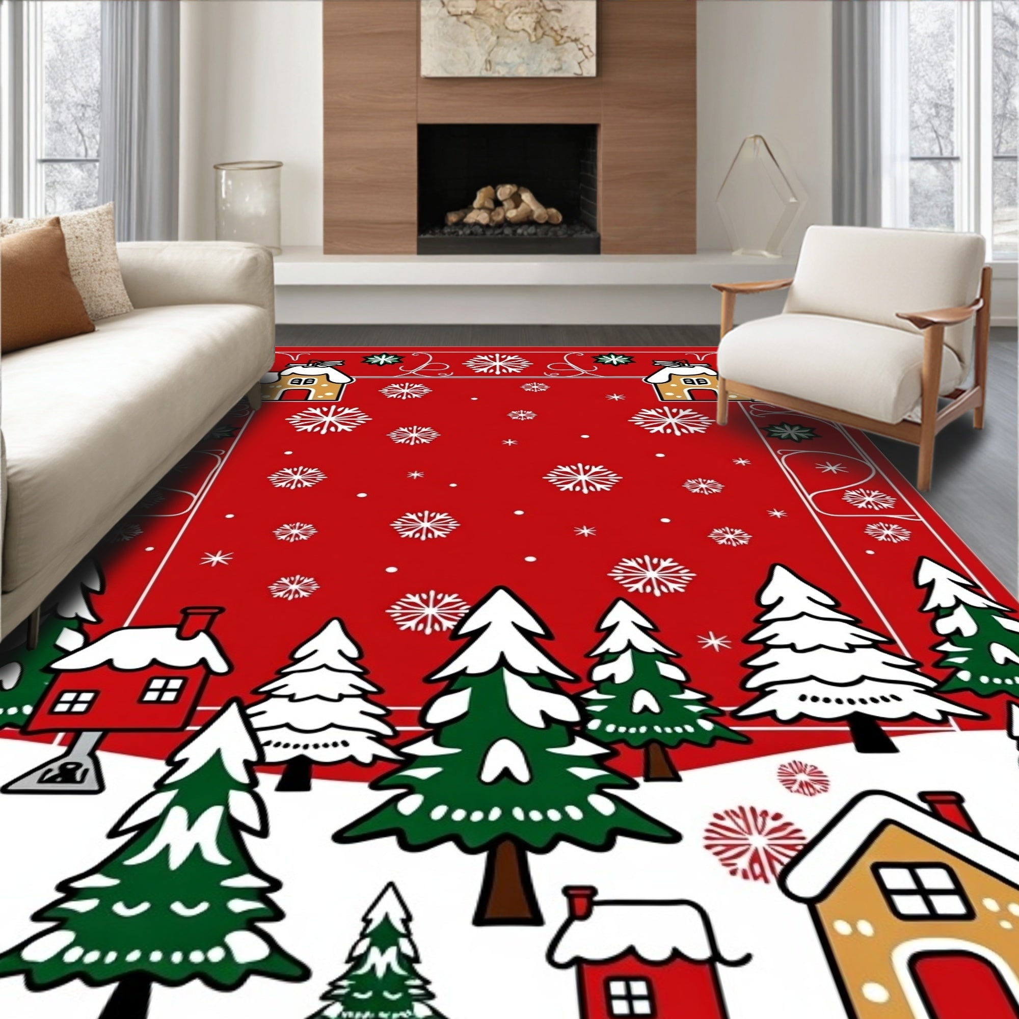 Whimsical Christmas Village Snowflake Scene Rug