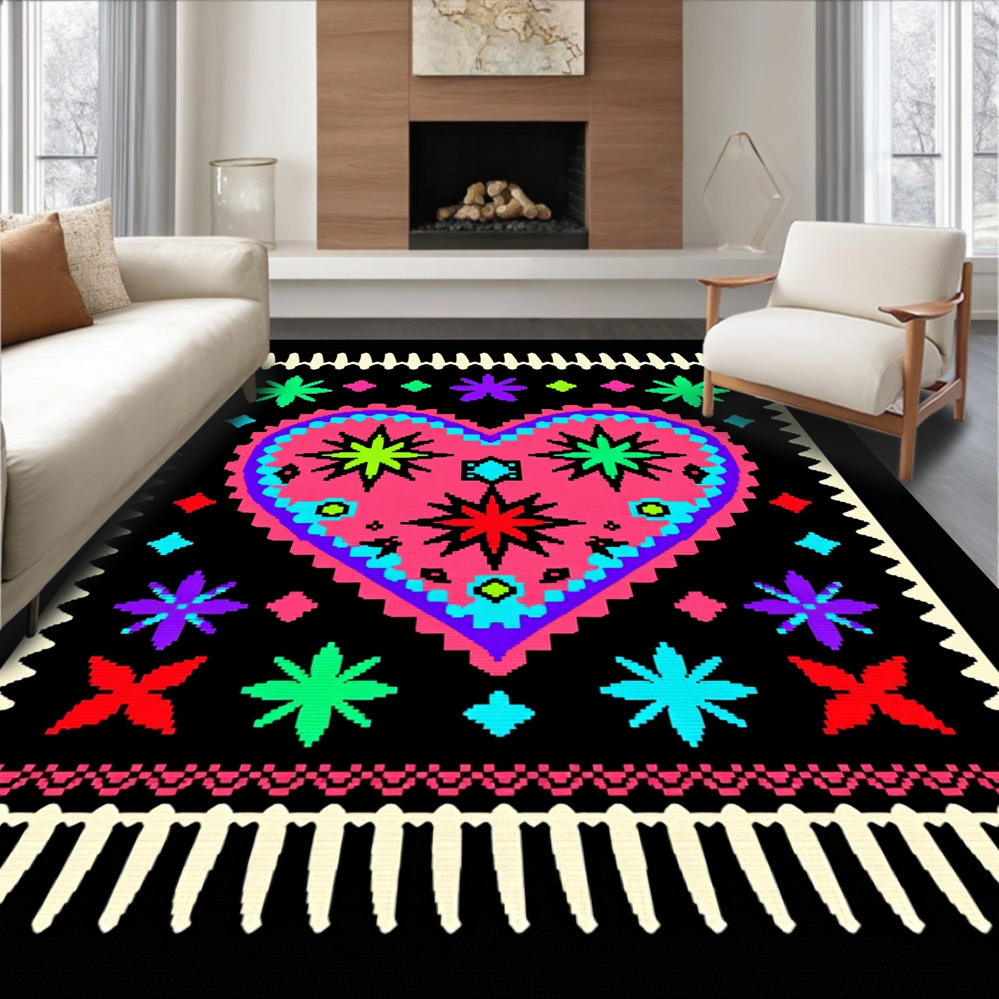 Bright Pink Heart Folk Art Rug