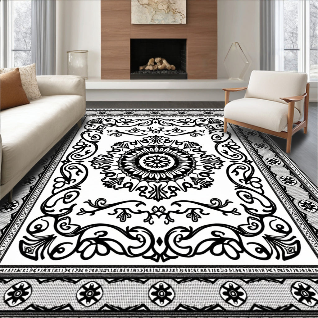 Classic Black White Intricate Mandala Rug