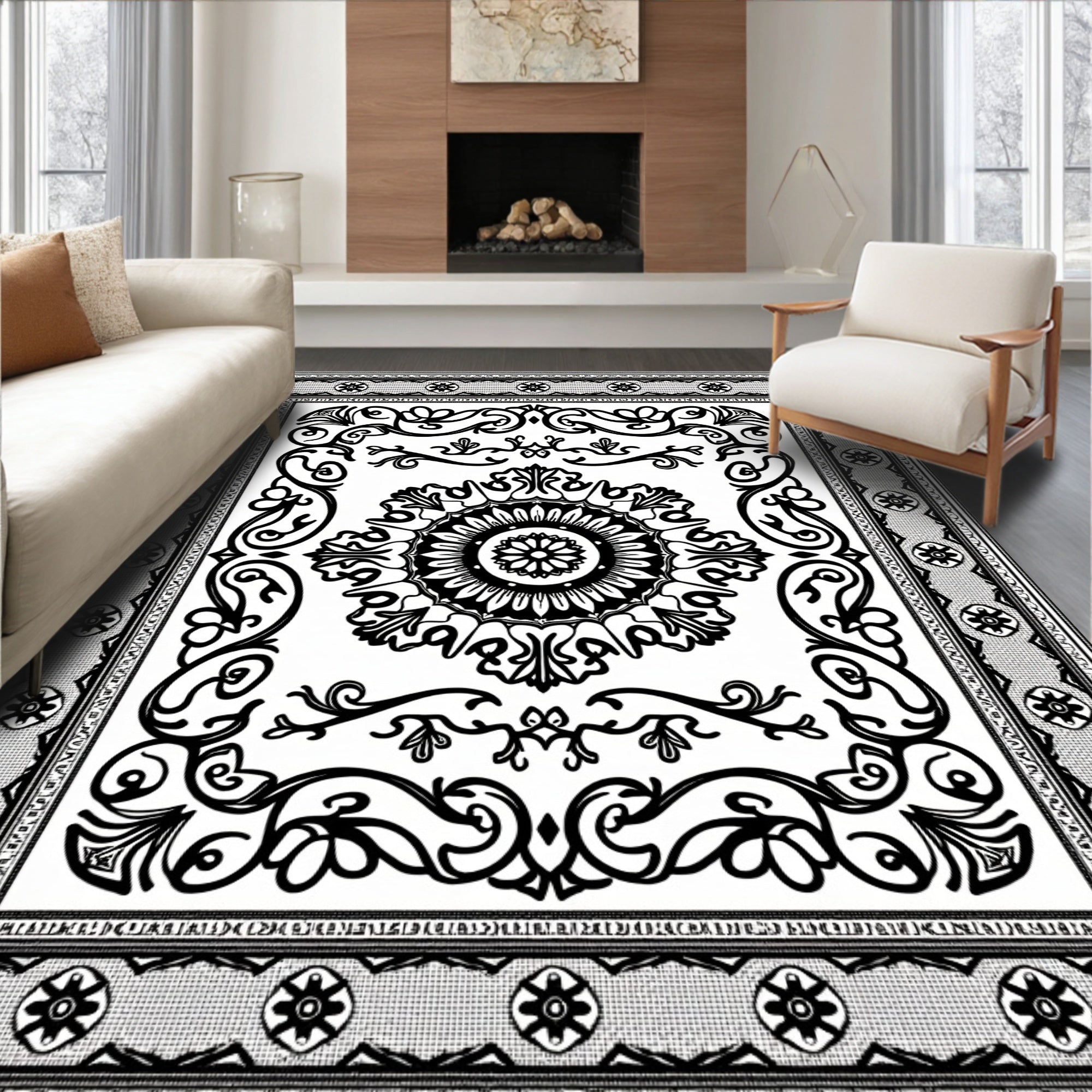 Classic Black White Intricate Mandala Rug