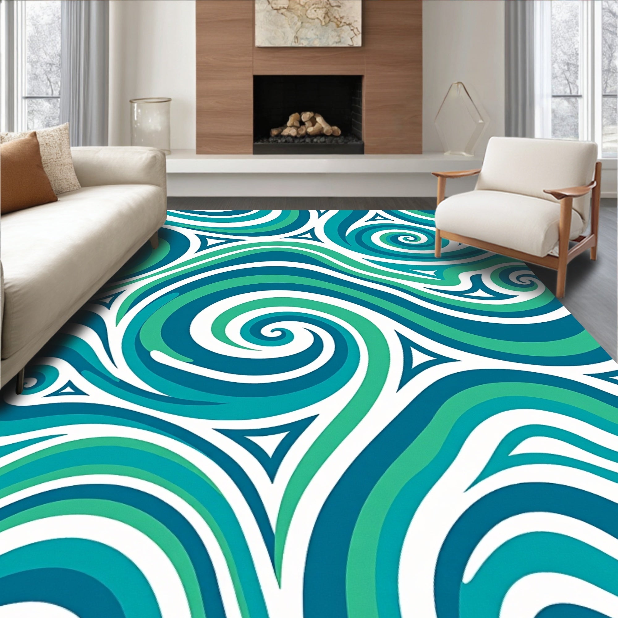 Teal Green White Swirling Wave Rug