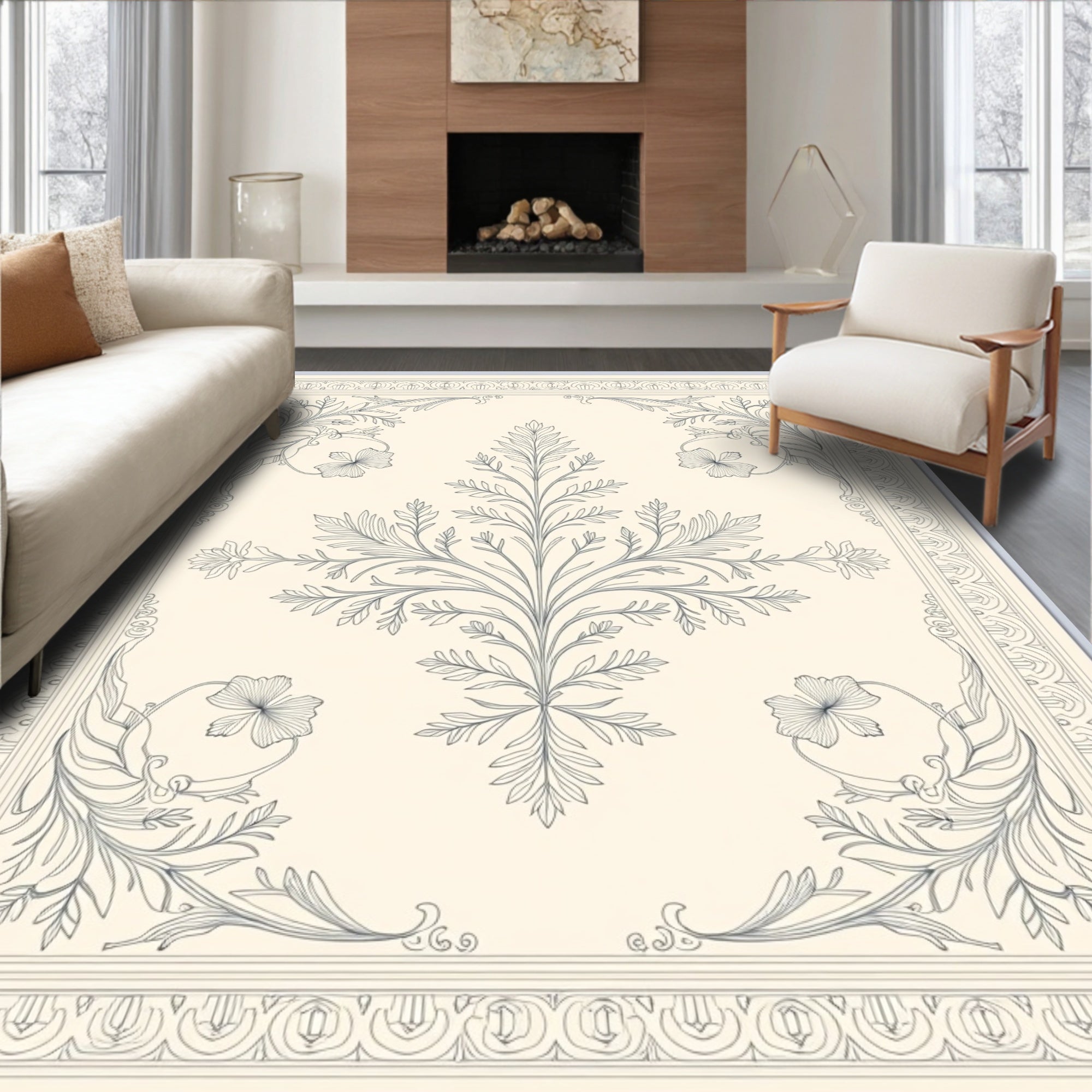 Cream Dark Blue Art Nouveau Floral Vine Rug