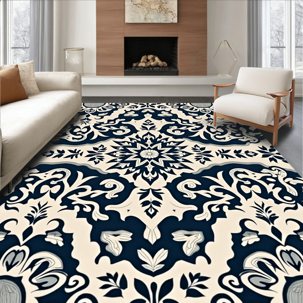 Cream Indigo Floral Medallion Ornament Rug