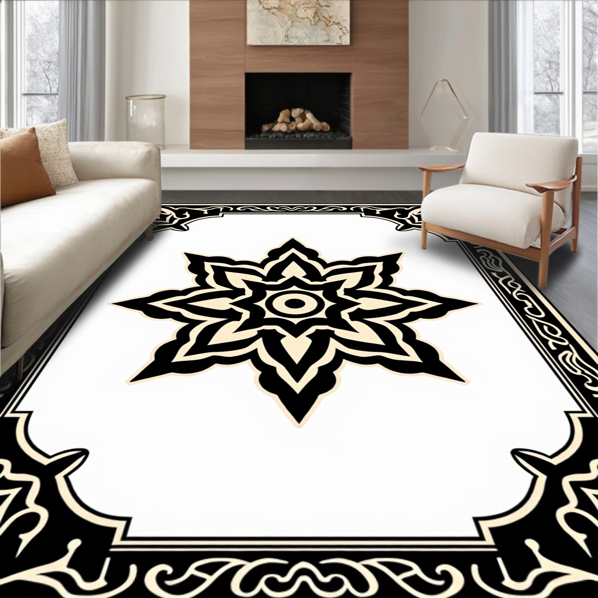 Black and Cream Starburst Medallion Rug