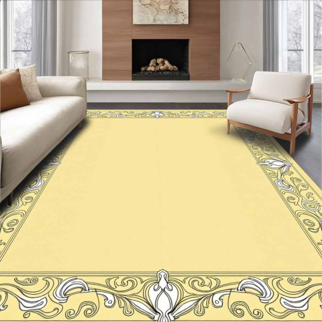Cream Yellow Floral Swirl Border Rug