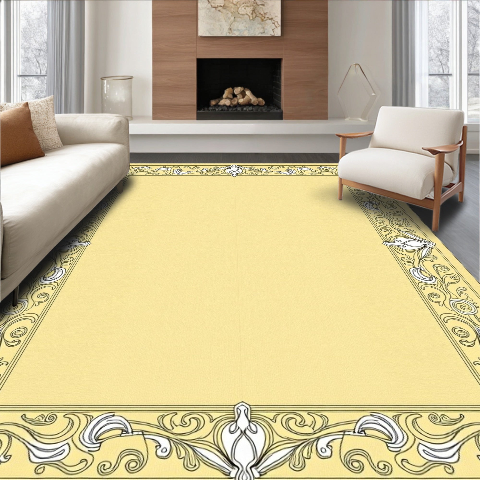 Cream Yellow Floral Swirl Border Rug