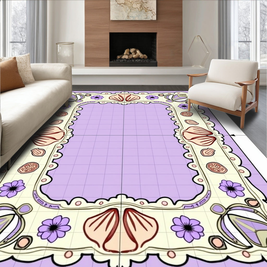 Coastal Lilac Seashell Floral Border Rug