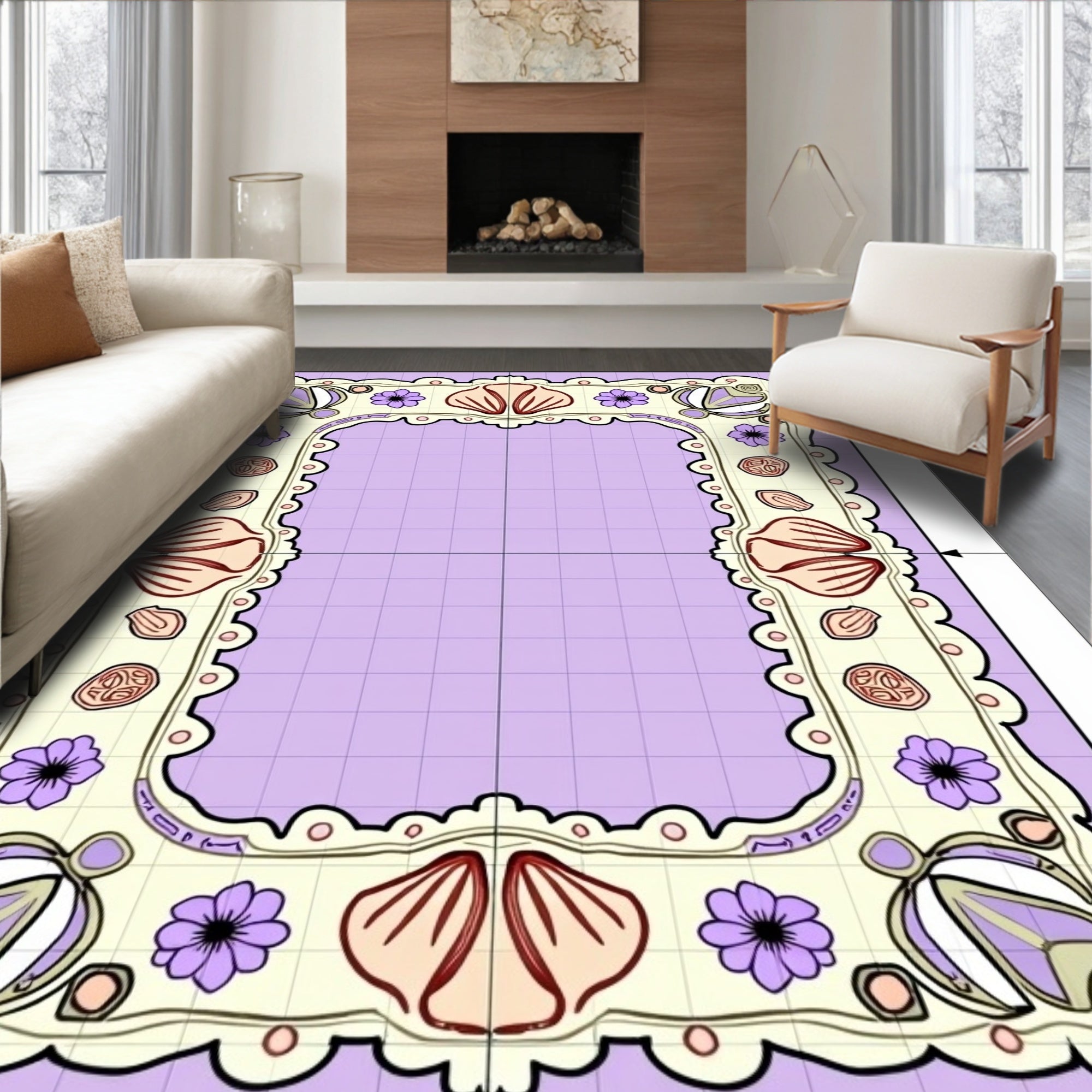 Coastal Lilac Seashell Floral Border Rug