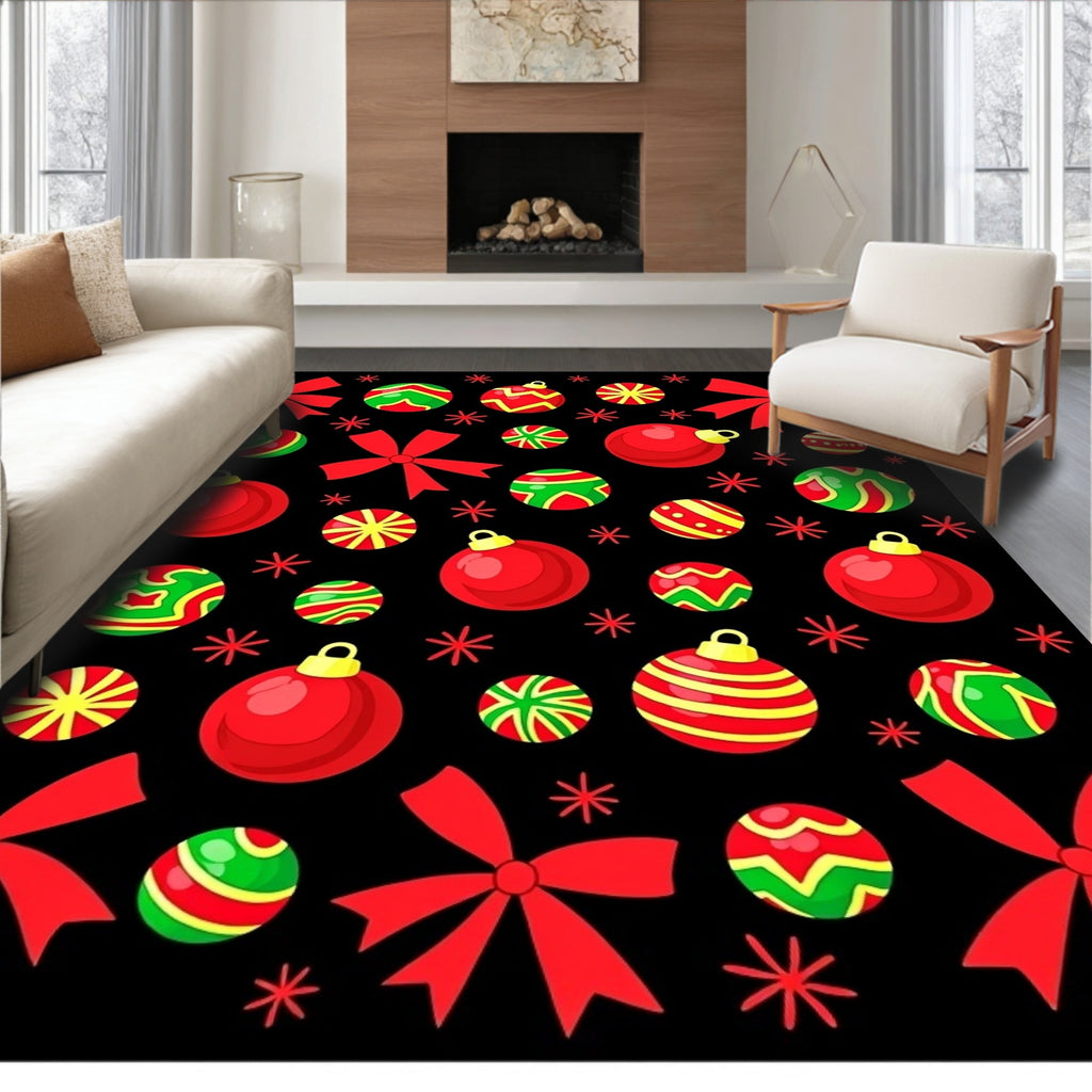 Red Festive Christmas Ornaments and Bows Rug