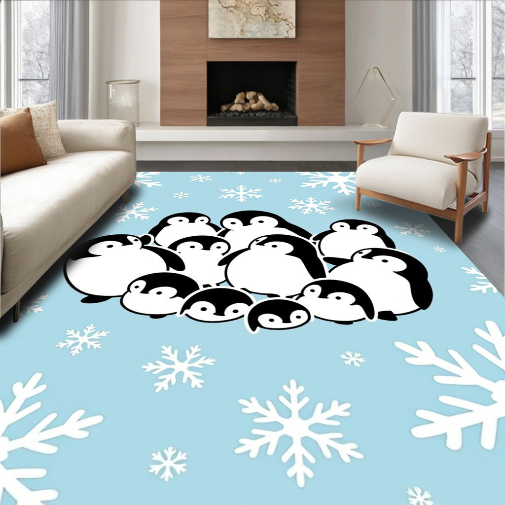Charming Penguin Flock Snowflakes Scene Rug