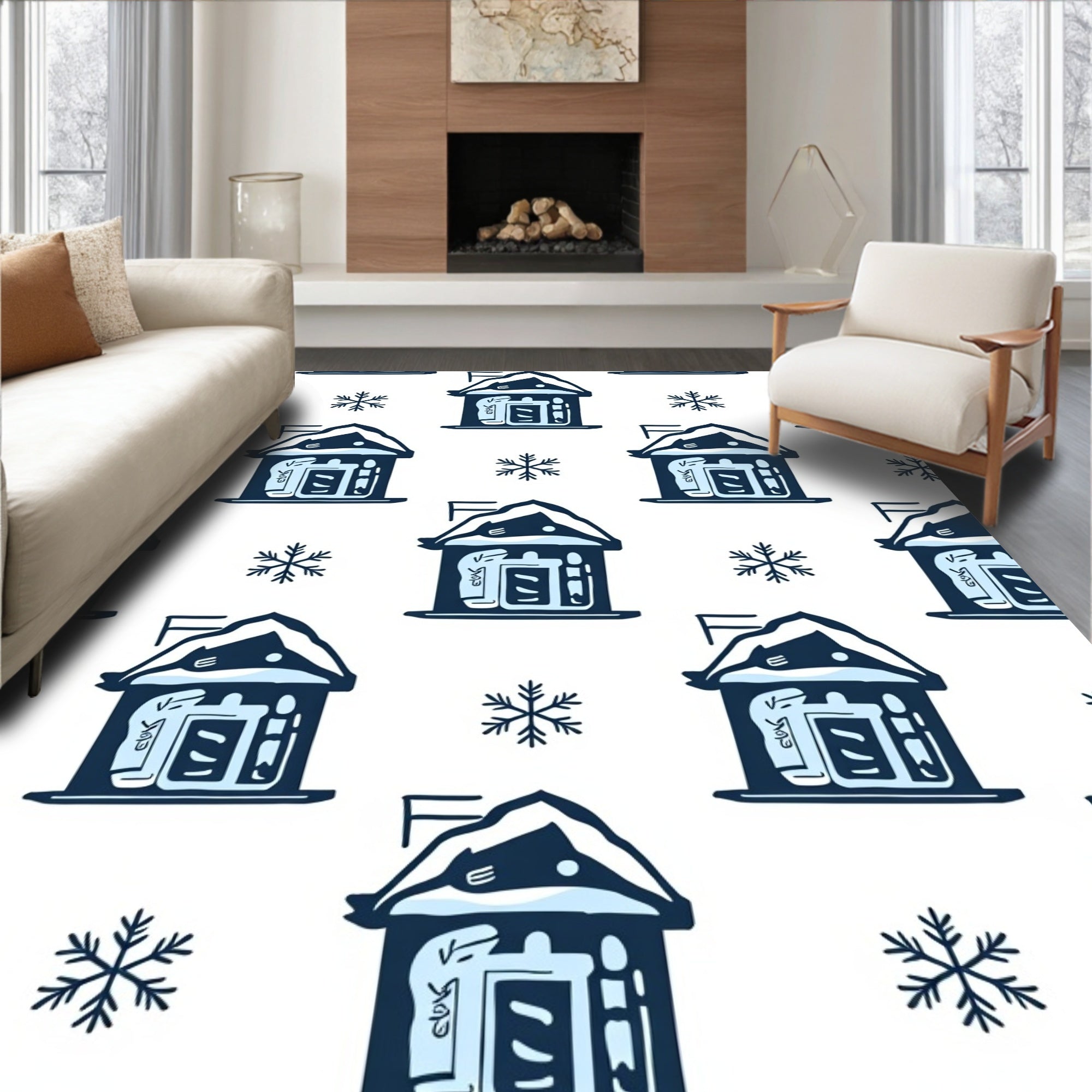 Winter Snowy Village Houses Snowflakes Rug