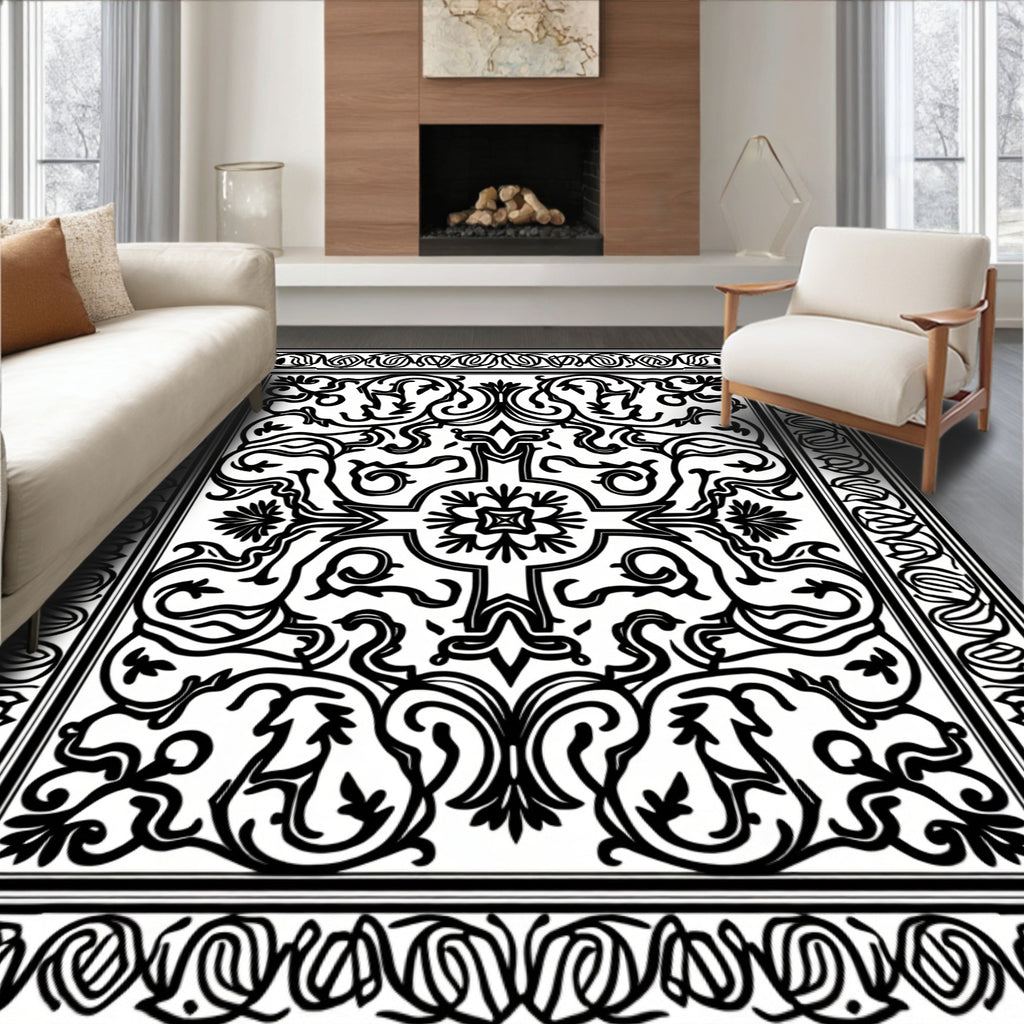 Intricate Black White Scrolling Vines Rug